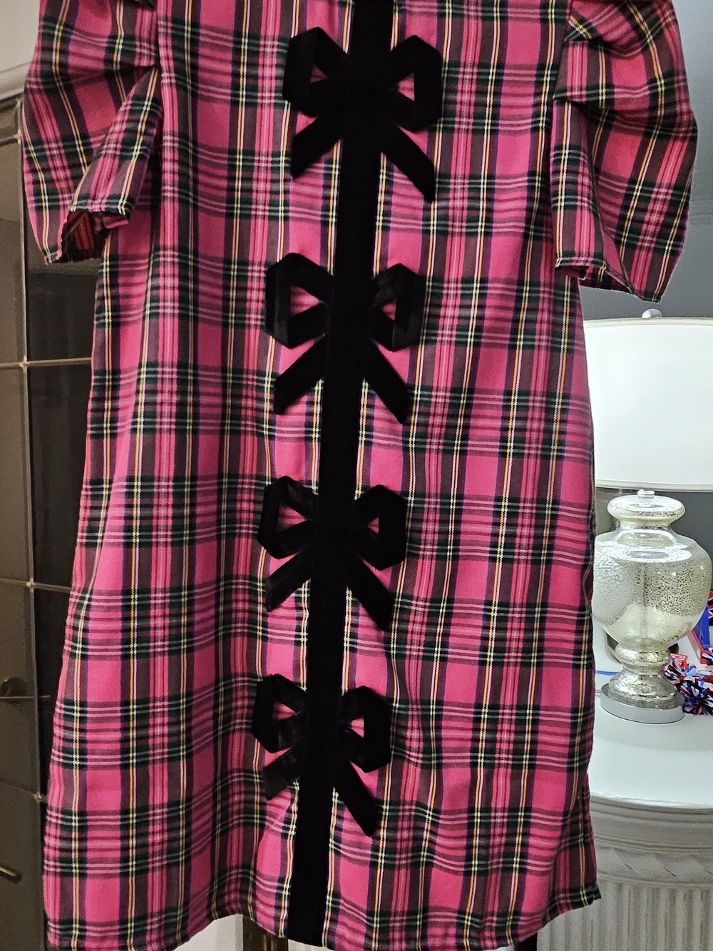 Pink Plaid Dress with Black Velvet Bow Trim